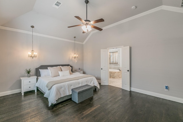 bedroom with dark wood-style flooring, a notable chandelier, visible vents, and lofted ceiling