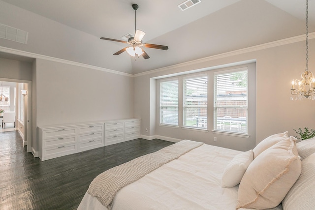 bedroom featuring visible vents, dark wood finished floors, baseboards, and vaulted ceiling