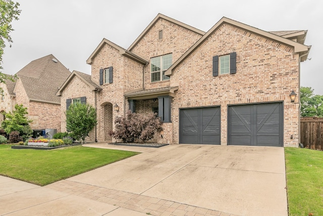 view of front of house with concrete driveway, brick siding, a front lawn, and a garage
