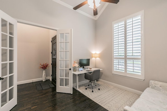 home office featuring french doors, baseboards, wood finished floors, lofted ceiling, and ornamental molding