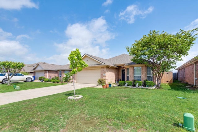 single story home with a front lawn, brick siding, driveway, and a garage