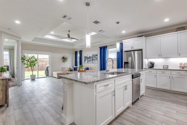 kitchen featuring a sink, appliances with stainless steel finishes, a raised ceiling, and visible vents