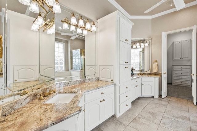 1304 Regency Ct, Southlake, TX 76092 - full bathroom featuring a ceiling fan, crown molding, two vanities, a shower, and tile patterned flooring