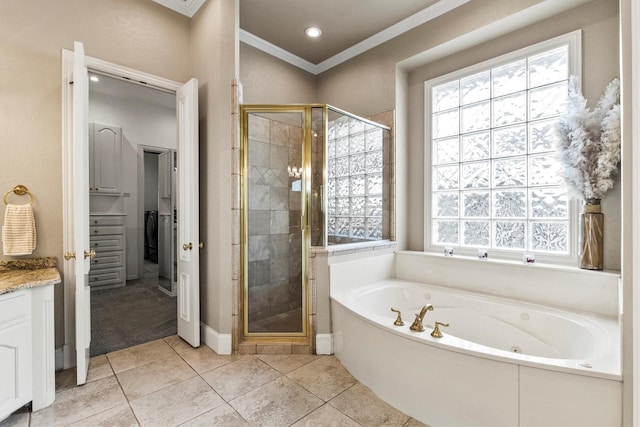 1304 Regency Ct, Southlake, TX 76092 - bathroom featuring a stall shower, a whirlpool tub, vanity, crown molding, and healthy amount of natural light
