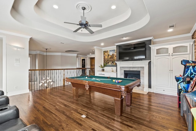 1304 Regency Ct, Southlake, TX 76092 - rec room featuring a ceiling fan, billiards, a tile fireplace, wood finished floors, and recessed lighting