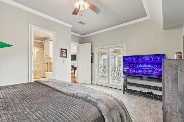 1304 Regency Ct, Southlake, TX 76092 - bedroom with access to exterior, carpet, ornamental molding, a ceiling fan, and connected bathroom