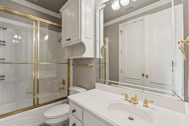 1304 Regency Ct, Southlake, TX 76092 - bathroom featuring vanity, toilet, shower / bath combination with glass door, and crown molding