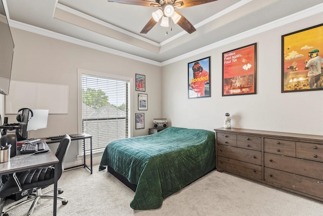 1304 Regency Ct, Southlake, TX 76092 - bedroom featuring light carpet, a raised ceiling, crown molding, a desk, and a ceiling fan