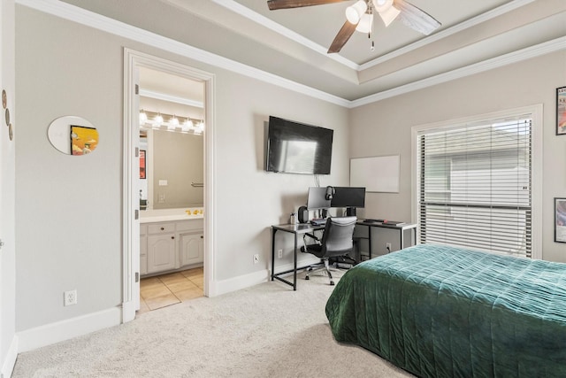 1304 Regency Ct, Southlake, TX 76092 - bedroom with light carpet, crown molding, a raised ceiling, baseboards, and an office area