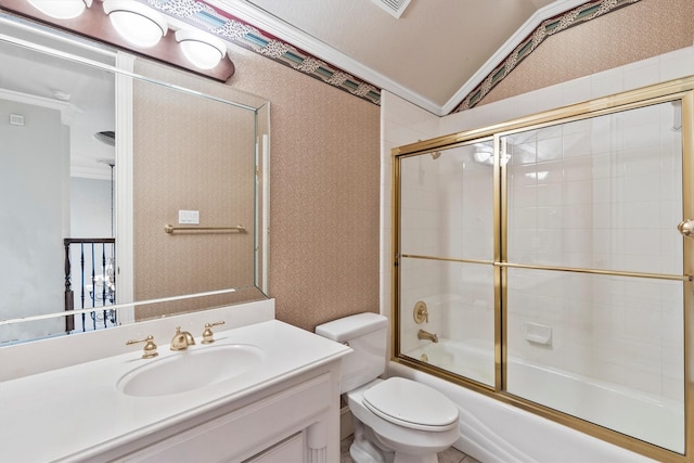 1304 Regency Ct, Southlake, TX 76092 - full bathroom featuring crown molding, toilet, vanity, shower / bath combination with glass door, and vaulted ceiling