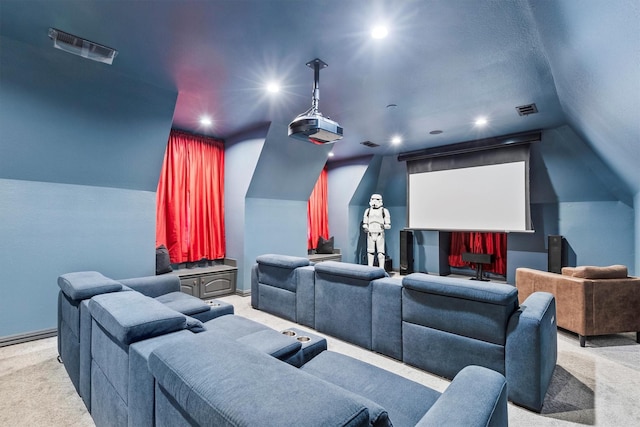 1304 Regency Ct, Southlake, TX 76092 - home theater room with carpet, lofted ceiling, and recessed lighting