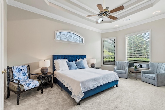 1304 Regency Ct, Southlake, TX 76092 - bedroom with a raised ceiling, carpet floors, ornamental molding, multiple windows, and a ceiling fan
