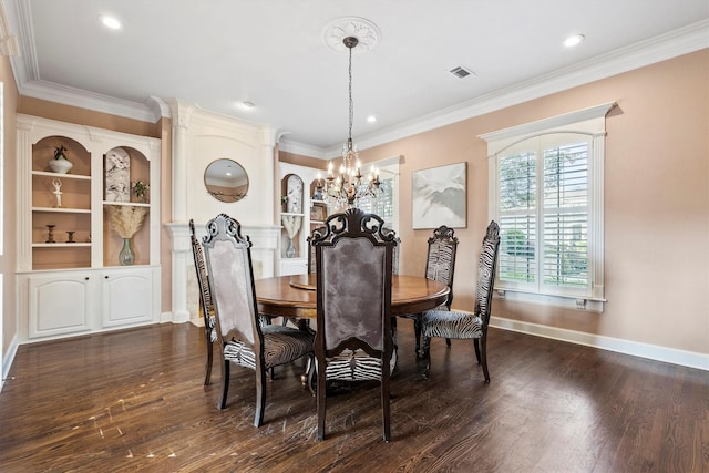 1304 Regency Ct, Southlake, TX 76092 - dining area featuring a chandelier, dark wood-style floors, crown molding, baseboards, and recessed lighting