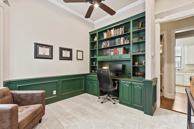 1304 Regency Ct, Southlake, TX 76092 - home office featuring ornamental molding, ceiling fan, light colored carpet, and wainscoting