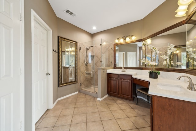 full bath with a stall shower, tile patterned floors, visible vents, baseboards, and vanity