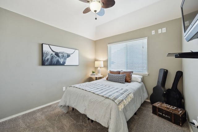 bedroom featuring ceiling fan, carpet, and baseboards
