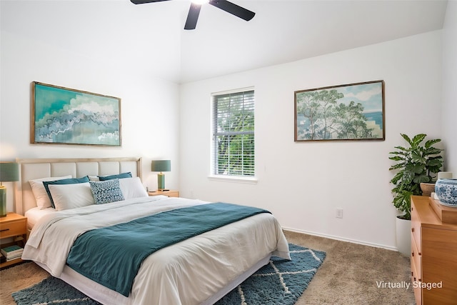 bedroom featuring carpet flooring, ceiling fan, and lofted ceiling