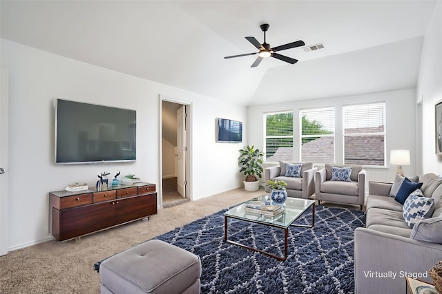 carpeted living room featuring a ceiling fan, baseboards, visible vents, and lofted ceiling