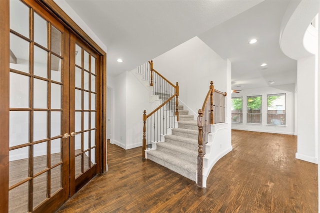 2026 Grassland Dr, Allen, TX 75013 - staircase featuring baseboards, french doors, recessed lighting, and wood finished floors