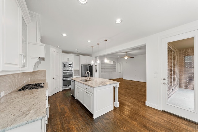 2026 Grassland Dr, Allen, TX 75013 - kitchen with ceiling fan, white cabinets, tasteful backsplash, a sink, and appliances with stainless steel finishes
