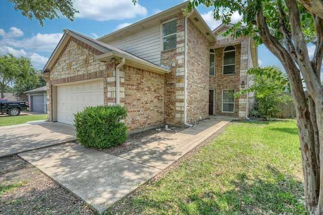 traditional-style house featuring concrete driveway, brick siding, an attached garage, and a front lawn