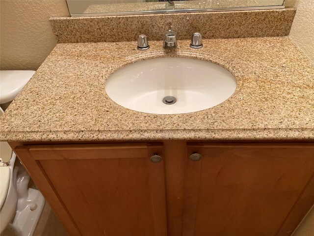 interior details with vanity, a textured wall, and toilet