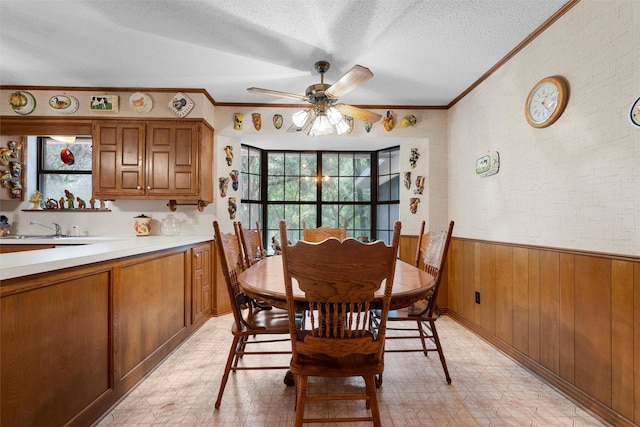 dining area with wooden walls, crown molding, ceiling fan, a textured ceiling, and a wainscoted wall