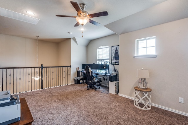 1821 Beacon Beach Way, Wylie, TX 75098 - home office with ceiling fan, carpet floors, baseboards, and lofted ceiling