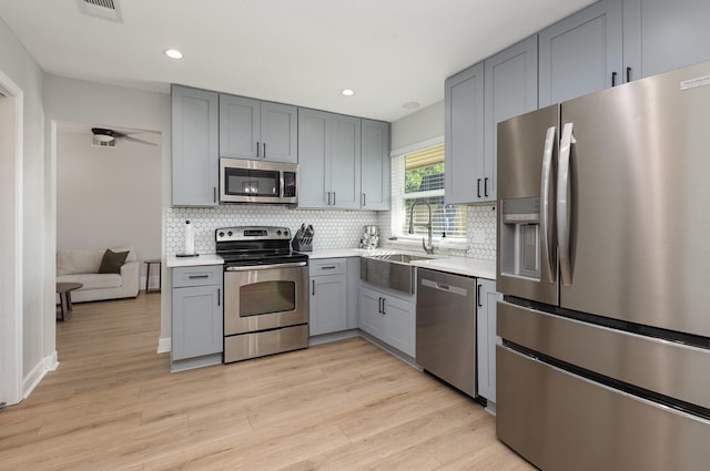 kitchen featuring stainless steel appliances, gray cabinetry, a sink, light countertops, and tasteful backsplash