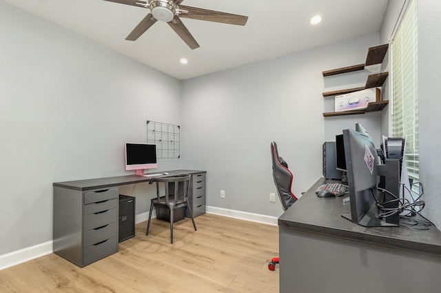office space featuring ceiling fan, light wood-style flooring, baseboards, and recessed lighting