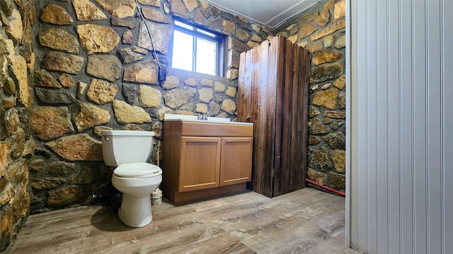 bathroom featuring toilet, wood finished floors, and vanity