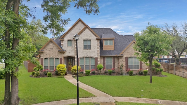 french country style house featuring brick siding, a shingled roof, a front lawn, and fence