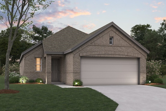 1801 Hazer Ln, Mesquite, TX 75149 - view of front of home featuring driveway, roof with shingles, a lawn, a garage, and brick siding