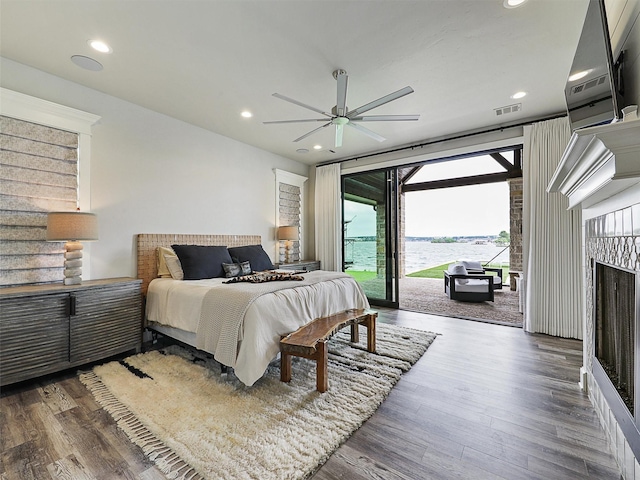 1018 Chaparrel Ln, Graford, TX 76449 - bedroom featuring access to exterior, wood finished floors, recessed lighting, and a ceiling fan
