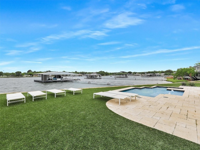1018 Chaparrel Ln, Graford, TX 76449 - view of pool with a water view, a lawn, a patio, and a boat dock