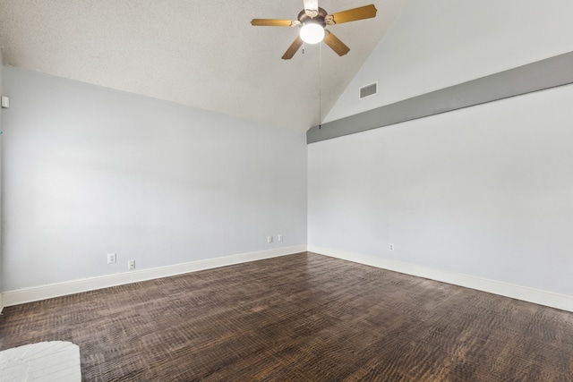 empty room with visible vents, baseboards, ceiling fan, and high vaulted ceiling
