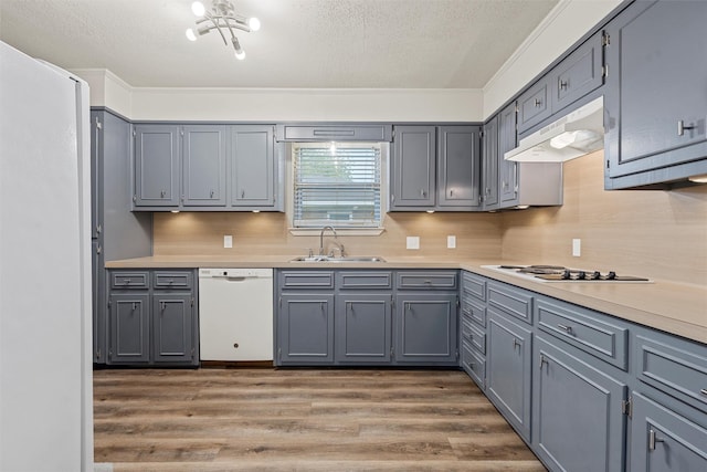 kitchen featuring a textured ceiling, a sink, light countertops, under cabinet range hood, and white appliances