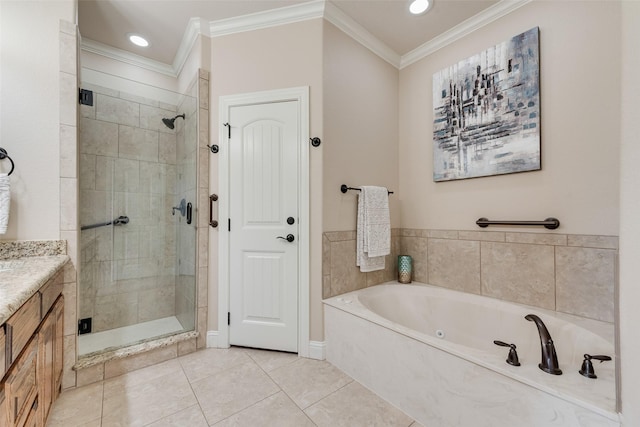 bathroom featuring crown molding, tile patterned flooring, a shower stall, and a garden tub