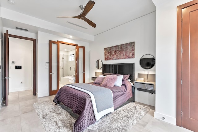 bedroom featuring ceiling fan, ensuite bath, recessed lighting, baseboards, and light tile patterned floors