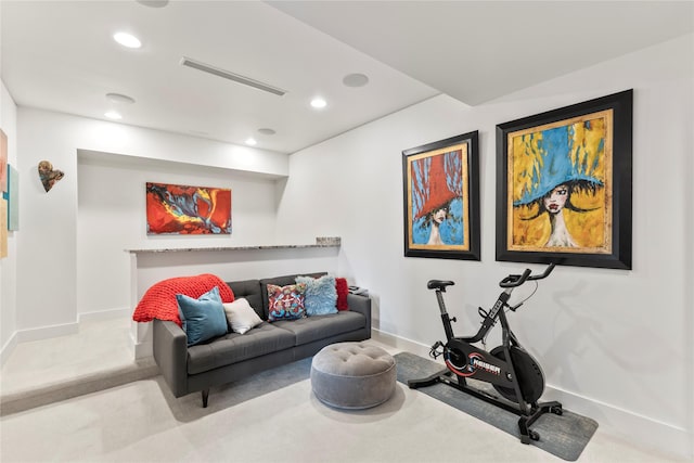 workout room with carpet floors, recessed lighting, baseboards, and visible vents