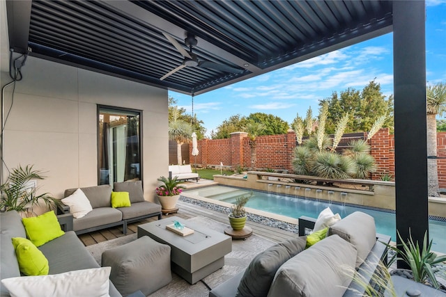 exterior space with a fenced backyard, a fenced in pool, and an outdoor living space
