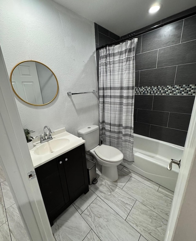 1617 Tyson St, Blue Mound, TX 76131 - full bath with vanity, a textured wall, shower / tub combo with curtain, and marble finish floor