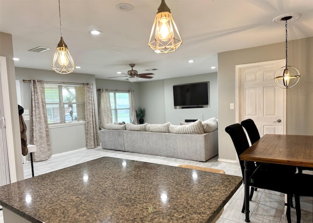 1617 Tyson St, Blue Mound, TX 76131 - living room featuring recessed lighting, baseboards, visible vents, and ceiling fan