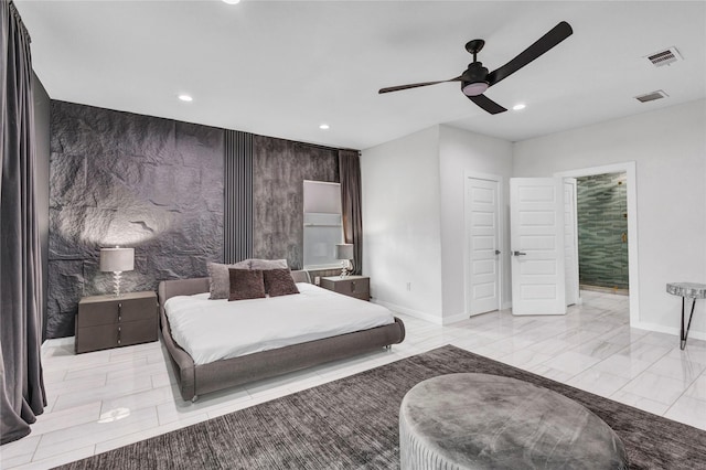 1619 Homeland St, Dallas, TX 75212 - bedroom featuring visible vents, recessed lighting, baseboards, and ceiling fan