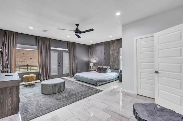 1619 Homeland St, Dallas, TX 75212 - bedroom with french doors, recessed lighting, ceiling fan, visible vents, and access to outside