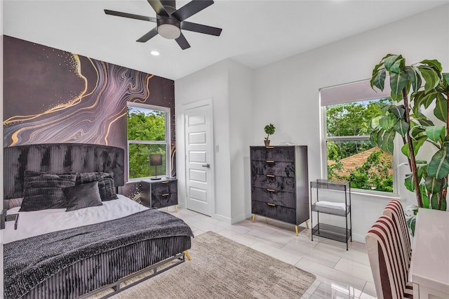 1619 Homeland St, Dallas, TX 75212 - bedroom with multiple windows, baseboards, a ceiling fan, and recessed lighting