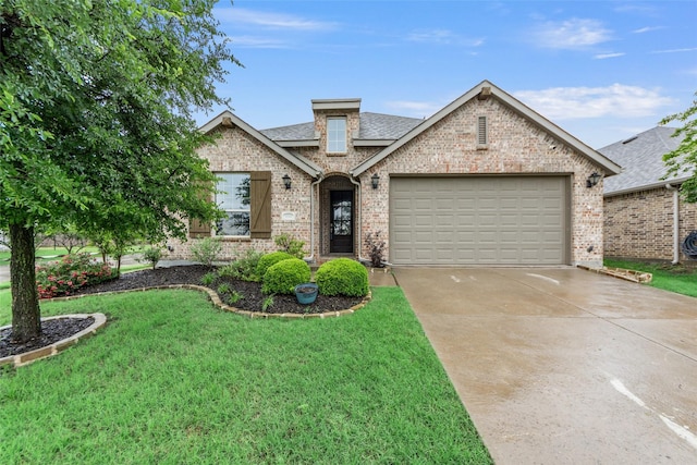 view of front of property with a front yard, roof with shingles, brick siding, an attached garage, and driveway