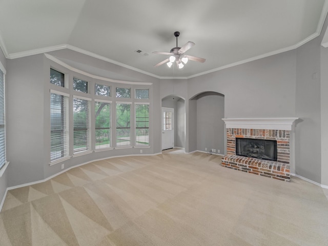unfurnished living room featuring carpet flooring, ceiling fan, visible vents, and baseboards