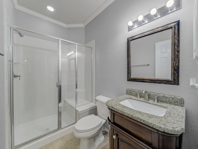 bathroom with crown molding, toilet, a shower stall, and vanity