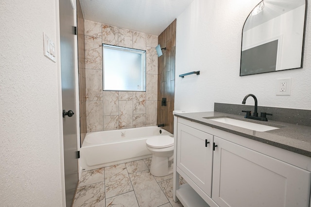 bathroom featuring a textured wall, shower / tub combination, vanity, toilet, and marble finish floor